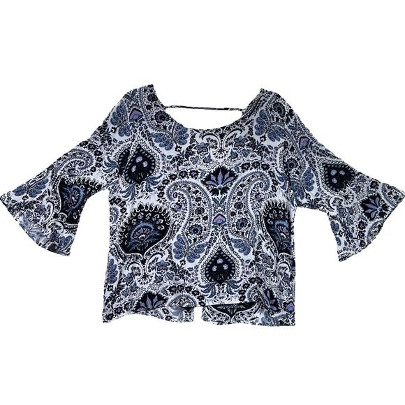 Pink Diamond 3/4 Ruffle Bell Sleeve Top Blouse Paisley Boho Mixed Print Large - Picture 2 of 12